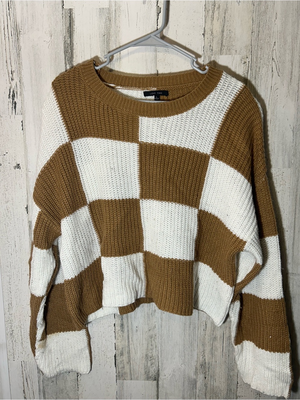 Love Tree Cream and Brown Checkerboard Ribbed Crew Sweater